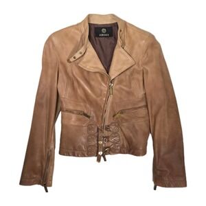 Vintage Tan Versace Ombre Tan Womens Leather Moto Jacket Gold Zip Size 42 Small